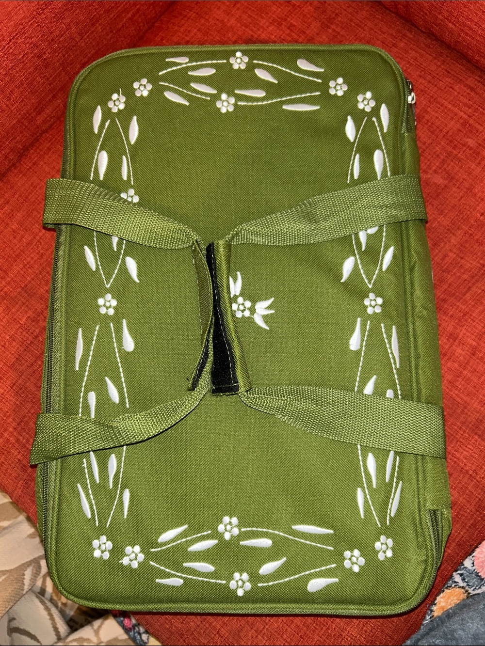 Temptations Olive Green Floral Canvas insulated for a casserole dish Travel Bag